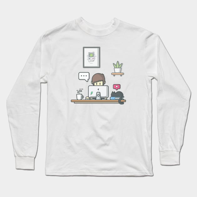 Man working on laptop with cat Long Sleeve T-Shirt by Catalyst Labs